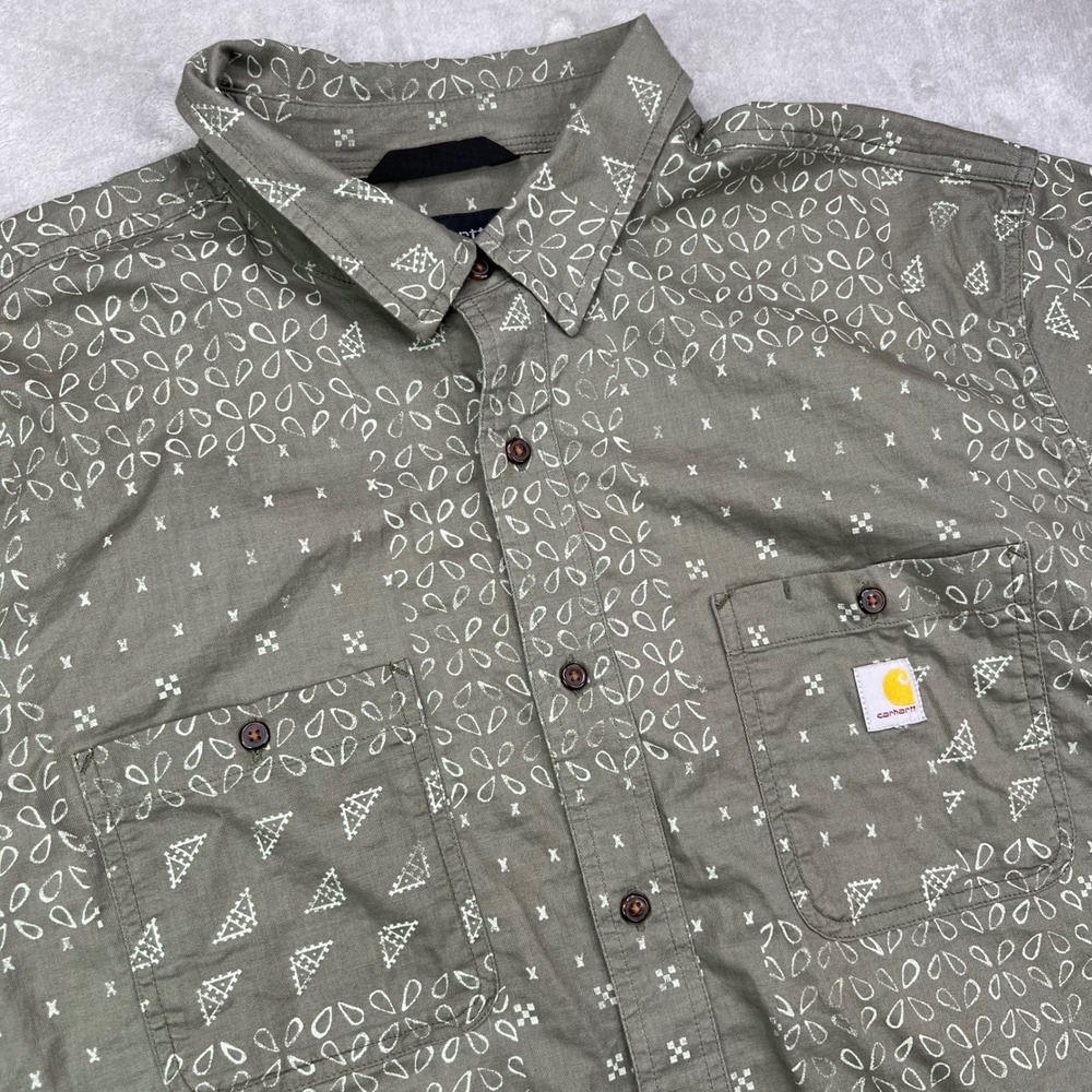 Carhartt Rugged Flex Relaxed Fit Lightweight Shirt Men 2XL Olive Green Geometric